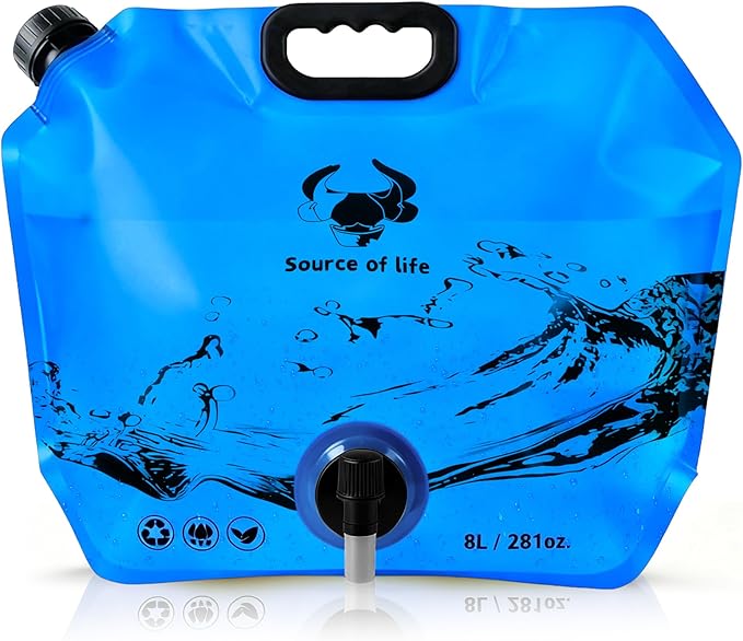 Collapsible 8L Water Storage Bag, BPA-Free Portable Folding Water Jug with Adjustable Faucet, Leakproof Emergency Water Bag for Camping, Hiking, Riding, Outdoor Sport (1, Blue)