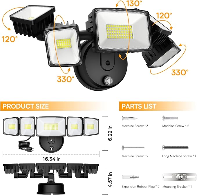 Onforu 150W 15000LM Dusk to Dawn Outdoor Lighting,5 Heads Plug in Flood Lights,6500K Super Bright Automatic Black Outdoor Lighting,IP66 Waterproof Hardwired LED Security Lights for Garage,Yard,Outside