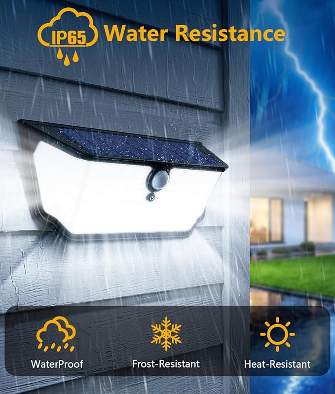 WdtPro Solar Lights Outdoor Waterproof, 300° Angle & 3 Lighting Modes Motion Sensor Outdoor Lights, Solar Security Flood Lights for Outside Fence Wall Yard Front Door Deck Garden Garage 4 Pack