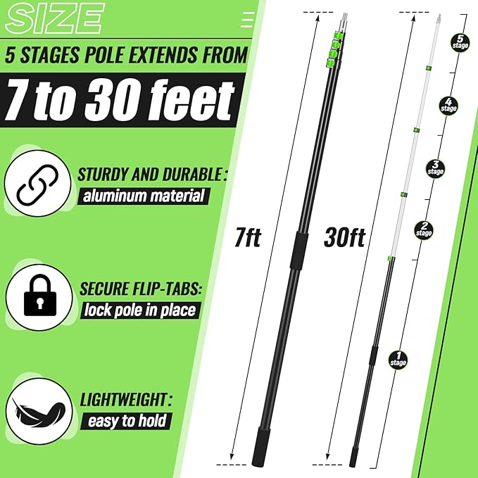 7-30 ft Telescopic Extension Pole with Utility Hook, Multi-Purpose Aluminum Pole for Painting, Dusting and New Year Window Cleaning Christmas Lights Installation Without a Ladder(Green)