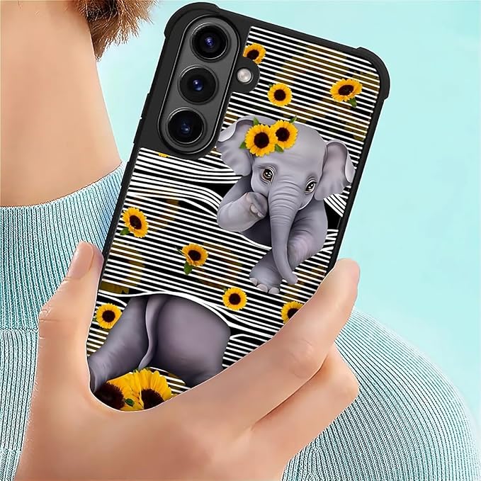 for Samsung Galaxy S26 Case,Graphic Design for Girl Boy Soft Silicone Hard Acrylic Shock Protection Designed for Samsung Galaxy S26 Cute Little Elephant Sunflower White Line Art Pattern