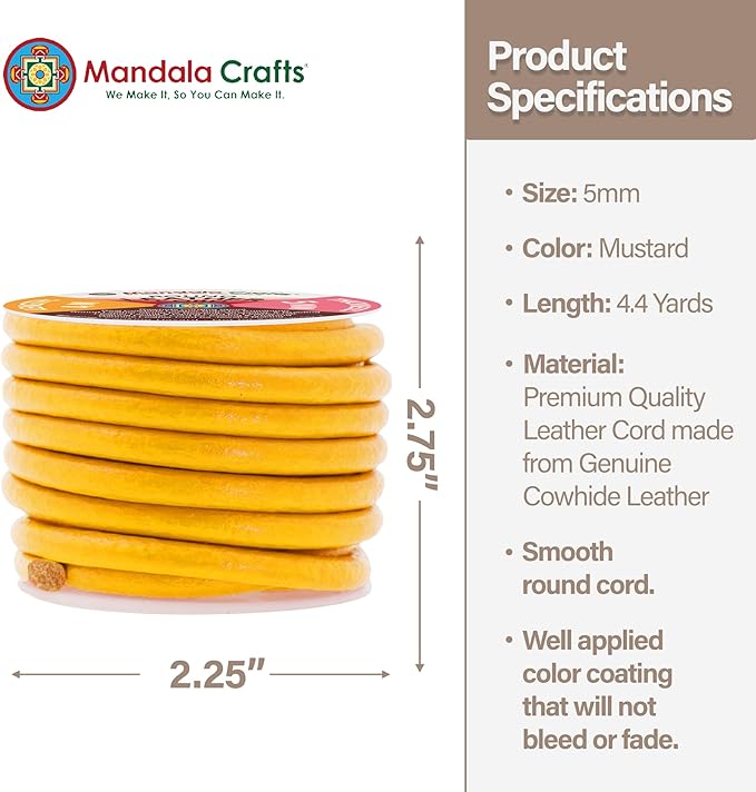 Mandala Crafts Round Genuine Mustard Yellow Leather Cord for Jewelry Making – 5mm Cowhide Leather Rope String Lace for Kumihimo – 4.4 Yards Cowhide Craft Cording Spool