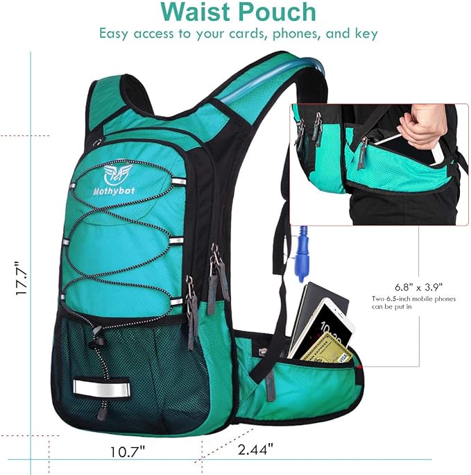 Mothybot Insulated Hydration Backpack Pack with 3L BPA Free Leak Proof Water Bladder, Large Storage Lightweight Hiking Daypack with Waist Pouches & Cooler Layer, for Running, Biking, Camping, Festival