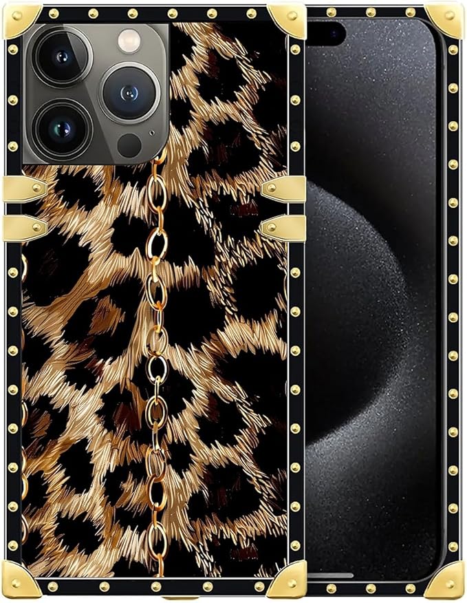 Compatible with iPhone 16 Pro Case, Seamless Gold Chain Leopard Luxury Golden Decoration for Girl Women Soft TPU Shockproof Protective Hard PC Back