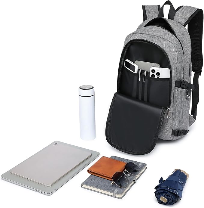 Kono Travel Laptop Backpack with USB Charging Port, Business Anti Theft Slim Sturdy Personal Item Bag, Water Resistant College Computer Daypack for Men & Women Fits 15.6 Inch Notebook, Grey