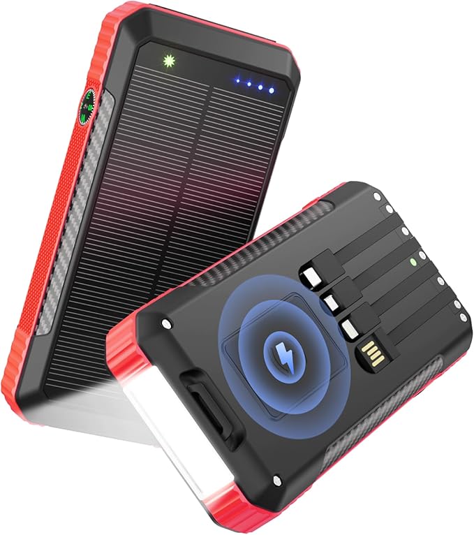 Solar Power Bank 33800mAh with Super Bright LED Flashlight, Built-in 4 Cables & Wireless Charging, Portable Charger with Compass, 7 Outputs & 4 Inputs for Camping/Hiking(Red)