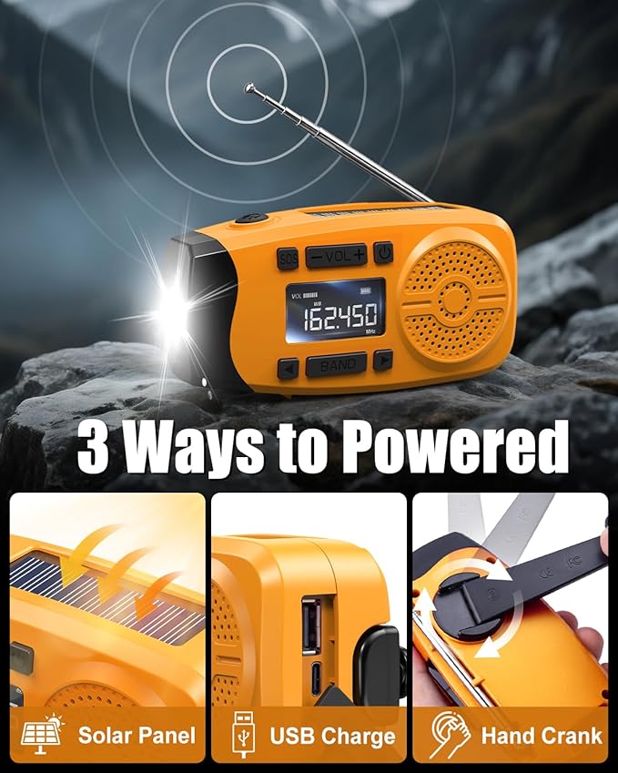 Runningsnail Emergency Weather Radio, 7400mWh Hand Crank Emergency Radio with LCD Display, Support Weather Alert Radio, USB/Solar/Hand Crank,1W Flashlight&SOS Alarm for Outdoor&Home Emergency (Orange)