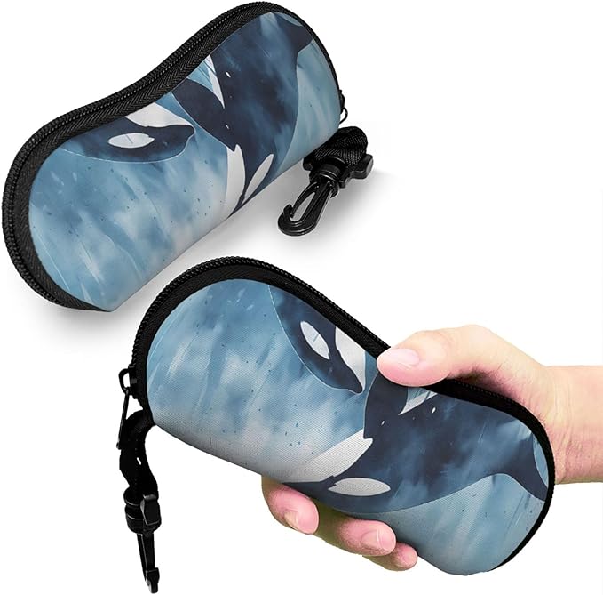 Watercolor Orca Whale Glasses Case Neoprene Portable Zipper Eyeglass Bag With Hook