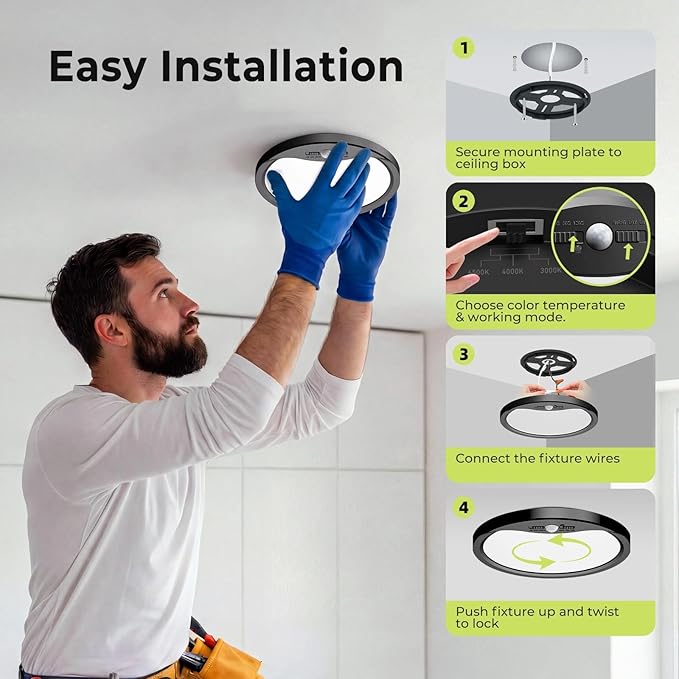 hepside Motion Sensor Ceiling Light Wired, 3000K/4000K/6500K LED Flush Mount Ceiling Light Fixture, 8.7Inch 18W Motion Sensor Light with Timer for Closet Stair Porch Hallway Pantry,Black