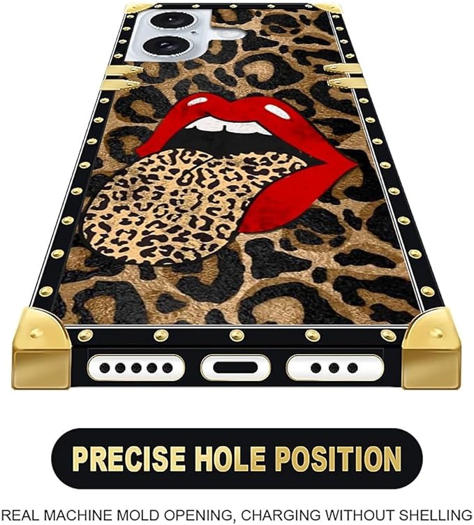 Compatible with iPhone 16 Case, Brown Leopard Print Mouth Luxury Golden Decoration for Girl Women Soft TPU Shockproof Protective Hard PC Back for iPhone 16