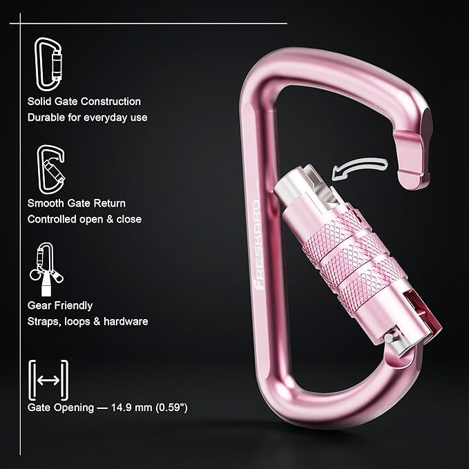 FresKaro 3inch 12kN-2698lbs Auto Locking Carabiner Clips, Solid D Shape, Heavy Duty 7075 Aluminum, Lightweight 1.09oz, Rust Proof, for Hammock, Hiking, Dog Leash, Keychain etc., Multi-Colors