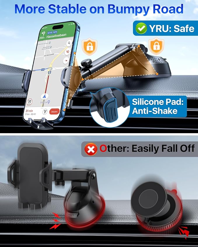YRU [True Upgrade for Safety] Car Phone Holder Mount [Patent & Military-Grade] Dashboard Cell Phone Holder for Car Vent Windshield Phone Stand for iPhone 17 16 15 14 13 Pro Max Truck Samsung, Purple