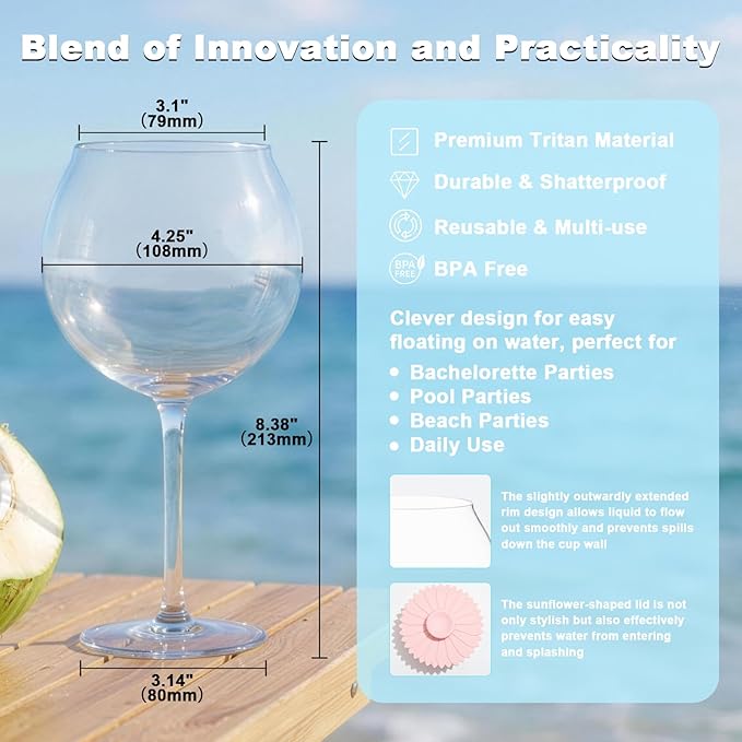 Goodluck Floating Pool Wine Glasses Set of 4,18oz Tritan Shatterproof Stemware Clear Plastic Wine Glasses with Sunflower Lids, Modern Drinkware for Hot Tub, Beach & Outdoors
