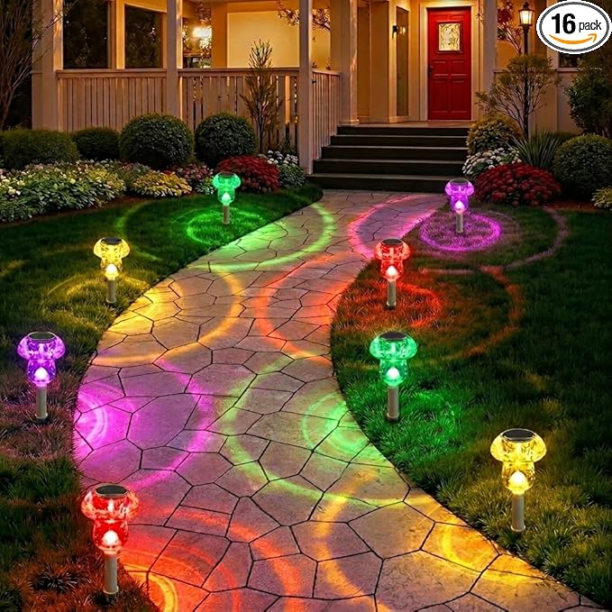Benany Solar Lights Outdoor, 16 Pack Mushroom Lights Outside Waterproof, Solar Powered LED Lighting for Garden, Yard, Landscape, Path, Pathway, Lawn, Walkway, Driveway, Backyard Decor (Multicolor)