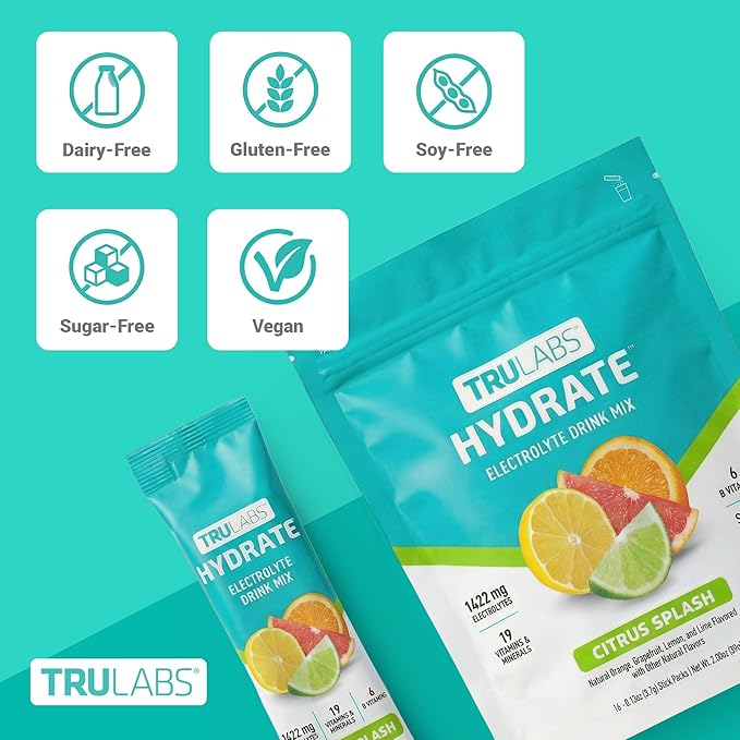 TRULABS Hydrate Electrolyte Drink Mix – Citrus Splash Flavor, Sugar-Free Hydration Packets with 1422 mg Electrolytes & 19 Vitamins & Minerals, Monk Fruit Sweetened, On-the-Go Sticks (16 Count)