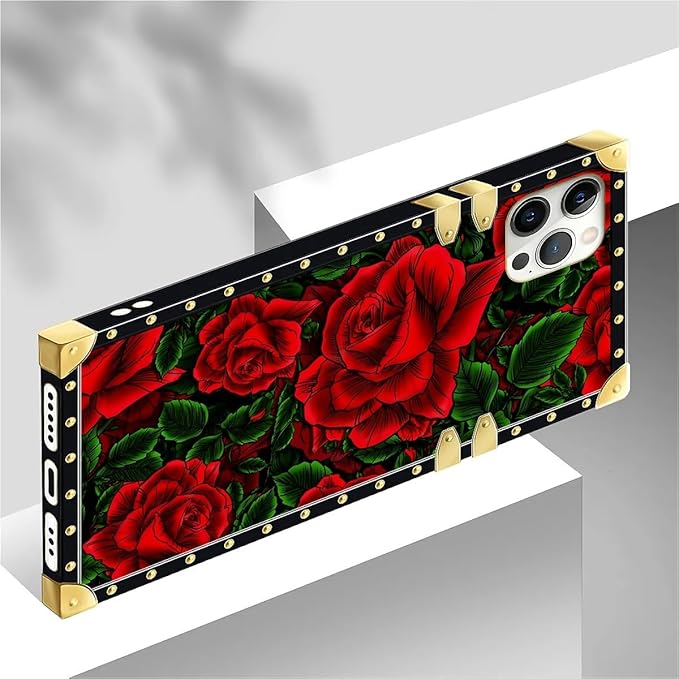 Compatible with iPhone 12 Pro Max Case, Vector Red Rose Green Leaf Luxury Golden Decoration for Girl Women Soft TPU Shockproof Protective Hard PC Back for iPhone 12 Pro Max
