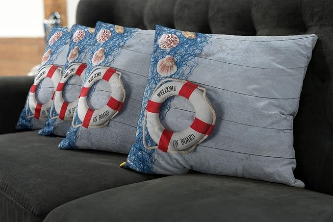 Ambesonne Coastal Throw Pillow Cushion Case Pack of 4, Welcome on Board Message on Life with Fishing Net Seashell Wood Floor of Boat, Modern Accent Double-Sided Digital Printing, 24", Dust Blue