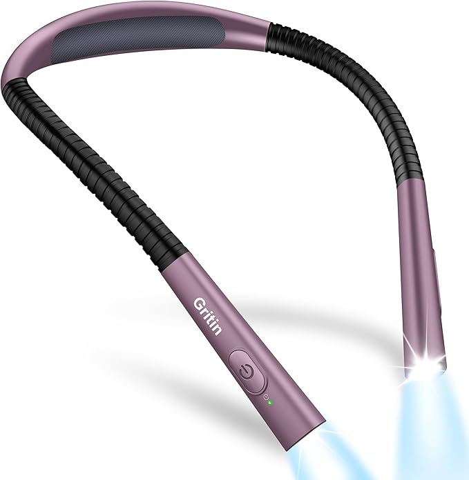 Gritin Book Light, Eye Caring 4-Color & 5-Brightness Neck Light Reading Light- Stepless Dimming,30-min Timer,80+ Hrs Runtime,Bendable Round Neck Design, Lightweight for Reading-Midnight Purple