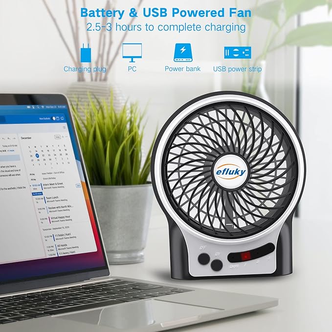 efluky 4.9-Inch Mini Desk Fan - 3 Speeds, Rechargeable Battery/USB Powered with LED Light, Quiet Portable Fan for Home, Office, Travel, Camping (Black)