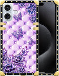 Compatible with iPhone 16 Plus Case, Purple Butterfly Flowers Leaf Luxury Golden Decoration for Girl Women Soft TPU Shockproof Protective Hard PC Back