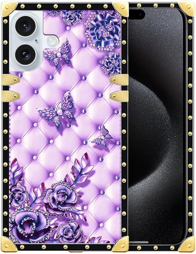 Compatible with iPhone 16 Plus Case, Purple Butterfly Flowers Leaf Luxury Golden Decoration for Girl Women Soft TPU Shockproof Protective Hard PC Back