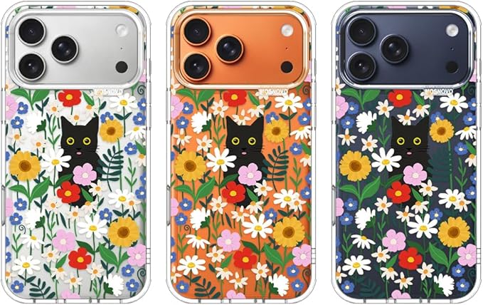 MOSNOVO for iPhone 17 Pro Max Case | Military Grade 6.6ft Drop Tested | Camera Control | Clear with Black Cat in Garden Design