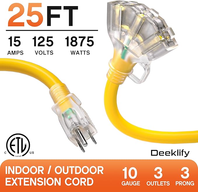 25 ft 10 Gauge Heavy Duty 3 Outlet Extension Cord Splitter with Indicator, Waterproof Outdoor Extension Cord with Multiple Outlets, 15A 1875W for Workshop, ETL Listed, Flexible Yellow SJTW