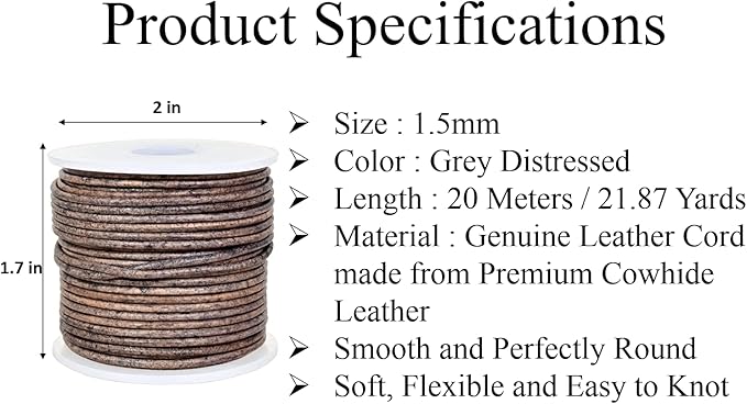 GENIQUE Real/Genuine Round Leather String Cord for Necklace, Bracelets, Jewellery, Braiding (1.5mm, Grey Distressed)
