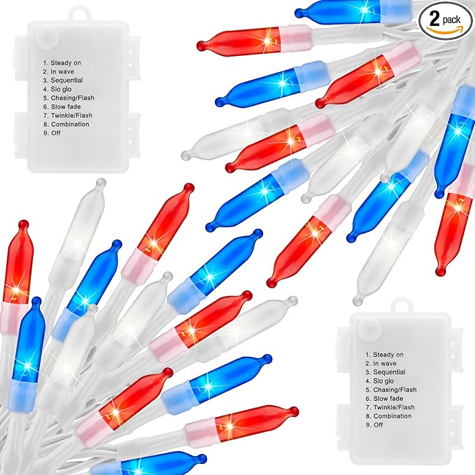 Brightown Red White Blue Battery Operated Mini String Lights with 8 Modes- 2 Pack 18 Feet 50 LED Independence Day Decoration Waterproof, Timer for Patriotic Xmas Holiday Party Outdoor Indoor