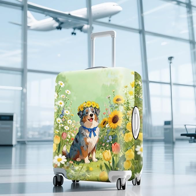 ANNA QUEEN Spring Cute Dog Travel Luggage Cover-Flower Stretchable Airplane Suitcase Protector Sleeve,Universal Washable Fit for 20-26 Inch Checked Baggage,Water Resistant Durable Luggage Protector