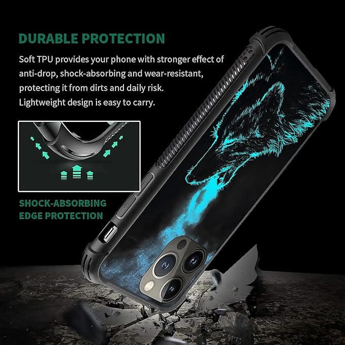 for iPhone 13 Pro Max Case, Blue Breathing Wolf Pattern Graphic Design Girl Boy Soft Silicone Hard Acrylic Shock Protection for iPhone 13 Pro Max