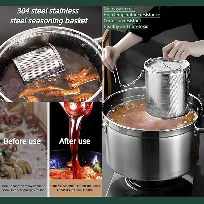 Stainless steel cylindrical seasoning filter, Multi purpose spice filter, Mesh Design Tea Ball Strainer Soup Seasonings Seperation Basket Filter with Chain Hook for Home Restaurant (10*11 CM/0.863L)