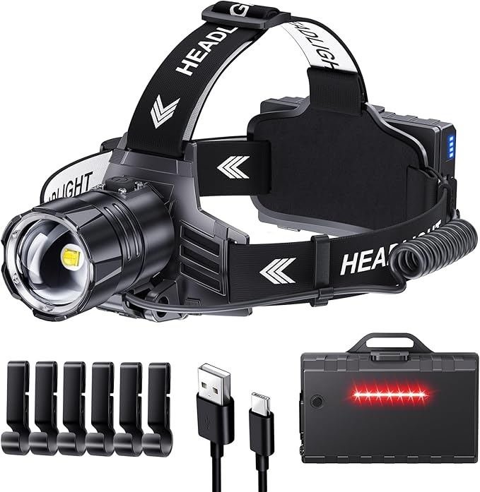 Sinvimes 99000 High Lux LED Rechargeable Headlamp, 95H Long Battery Life Head Lamp with 5 Modes & IPX7 Waterproof & Zoomable, 125° Adjustable Head Light for Adults, Outdoor, Camping, Hardhat
