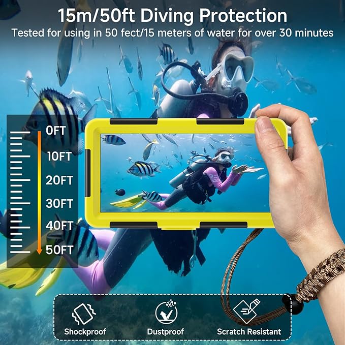 Underwater Phone Case for Snorkeling, [50ft/15M] Professional Deep Diving Waterproof Phone Case for iPhone 17-7 Pro/Pro Max/Plus/Mini, 16/17E, SE 2/3, Galaxy S10-S25 Plus/Ultra, A21-A56 [Yellow]