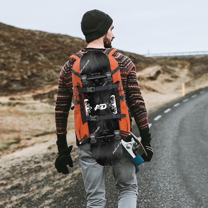 30L Skateboard Backpack for Men Women, Waterproof Hiking Backpack with Chest Strap for Camping Hunting, Lightweight Casual Travel Daypack for Skateboard Sport Outdoor, Orange