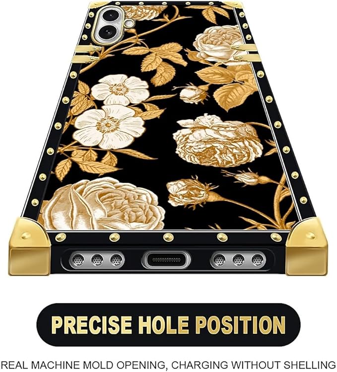 for iPhone 17 Case Luxury Golden Decoration for Girl Women Soft TPU Shockproof Protective Hard PC Back for iPhone 17 Crazy Pattern Blooming Rose Golden Flower