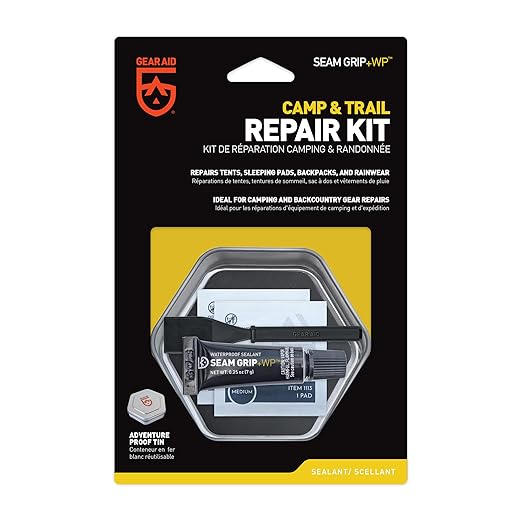 GEAR AID Seam Grip WP Camp & Trail Repair Kit – Waterproof 0.25 oz Sealant with Four Tenacious Tape Hex Patches (2.5", Black and Clear) for Fixing Holes, Seams on Tents, Sleeping Pads and Outdoor Gear