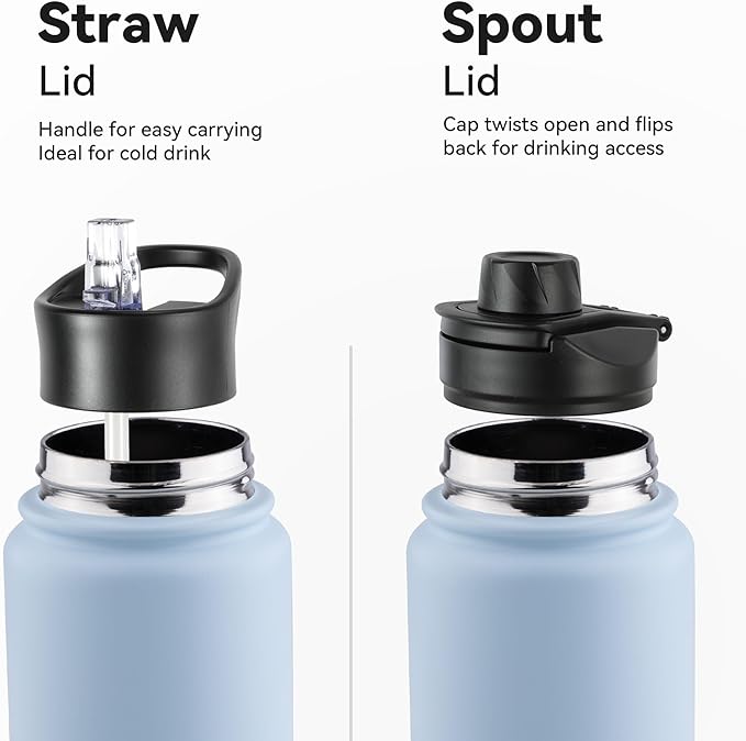 24oz Insulated Water Bottle with Straw Lid, Stainless Steel Metal Water Bottle with Straw & Wide Mouth Lid, Double Wall Vacuum Water Bottle for Hiking Camping, Light Blue 8 Pack