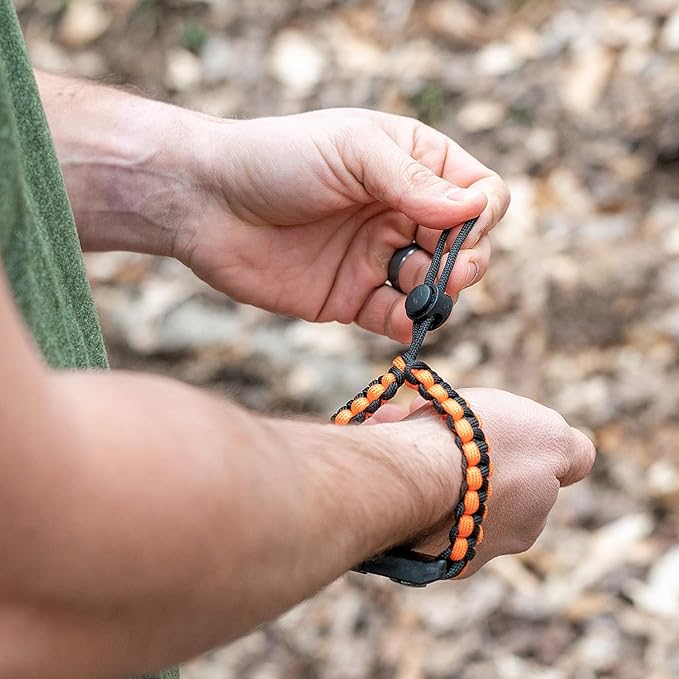 ELK Paracord Survival Bracelets - 2 Pack, Adjustable Size, Loud Whistle, Fire Starter - Ideal for Outdoor Enthusiasts, Hiking, Camping, Fishing, and Hunting (Black and Black+Orange)