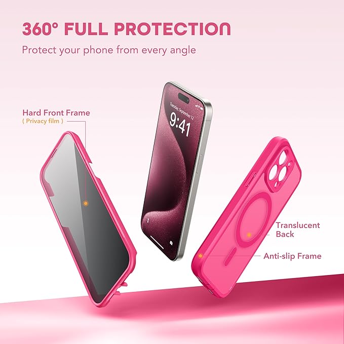 TIESZEN for iPhone 15 Pro Max Case, Compatible with MagSafe, Built-in Privacy Screen Protector and Camera Protection, Anti Spy Full Body Dustproof Shockproof Hard Phone Case 6.7", Hot Pink