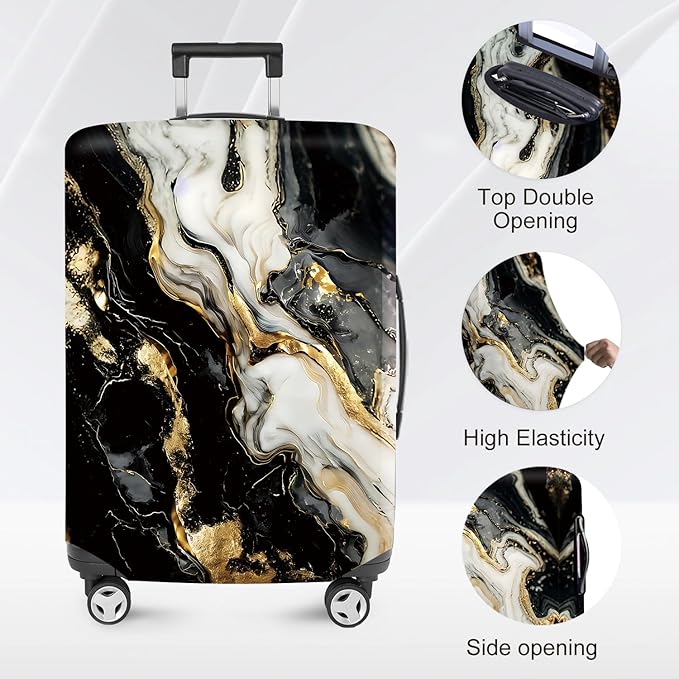 ANNA QUEEN Black White Gold Marble Luggage Cover- Stretchable, Water Resistant & Durable Suitcase Protector, Universal Washable Fit for 20-22 Inch Checked Baggage