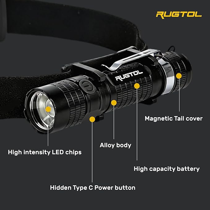 Rugtol Headlamp, USB C Rechargeable Battery Powered Head Lamp LED Flashlight with Clip Magnetic Base, 1000 Lumens Zoomable Aluminum Headlamp IPX4 Waterproof for Hard Hat Working Running Hiking