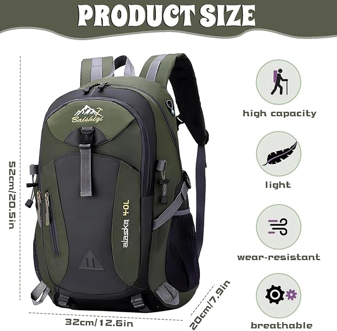 40L Hiking Backpack, Lightweight Daypack for Men Women, Polyester Rucksack, Breathable Backpack with Multi Pockets for Camping Walking Commuting Outdoor Short Trips-Green