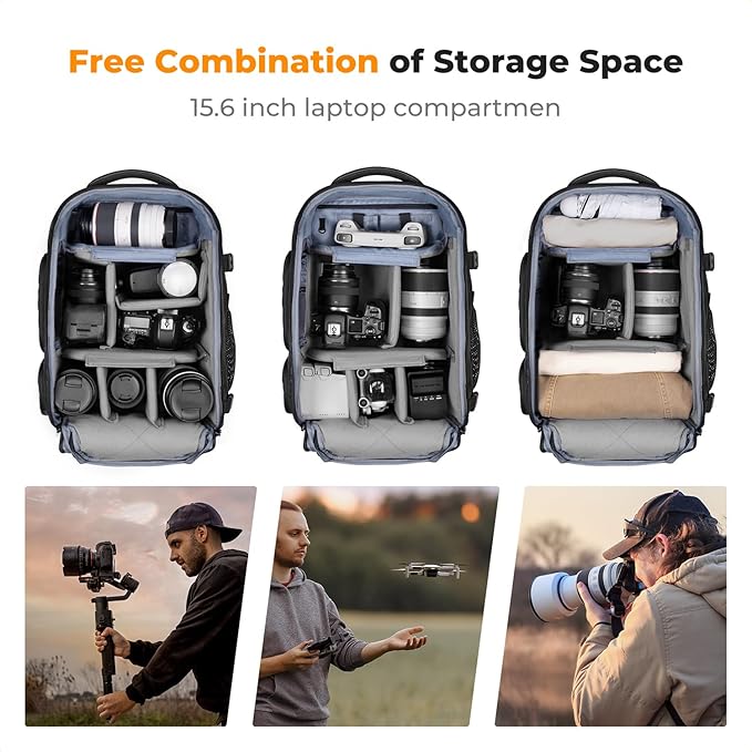 K&F CONCEPT Camera Backpack,25L Large Capacity Camera Bag for Photographers with Raincover and 15.6 Inch Laptop Compartment Compatible for Canon/Nikon/Sony/DJI Mavic Drone