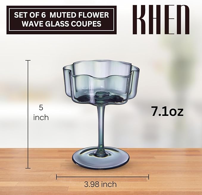 Khen Shatterproof Acrylic Flower Wavy Vintage Art Deco Martini, Champagne & Cocktail Muted Pastel Color Plastic Tritan Coupe Glasses | 6 Set | 8.5oz Glassware Classic Cocktail Indoor & Outdoor Set