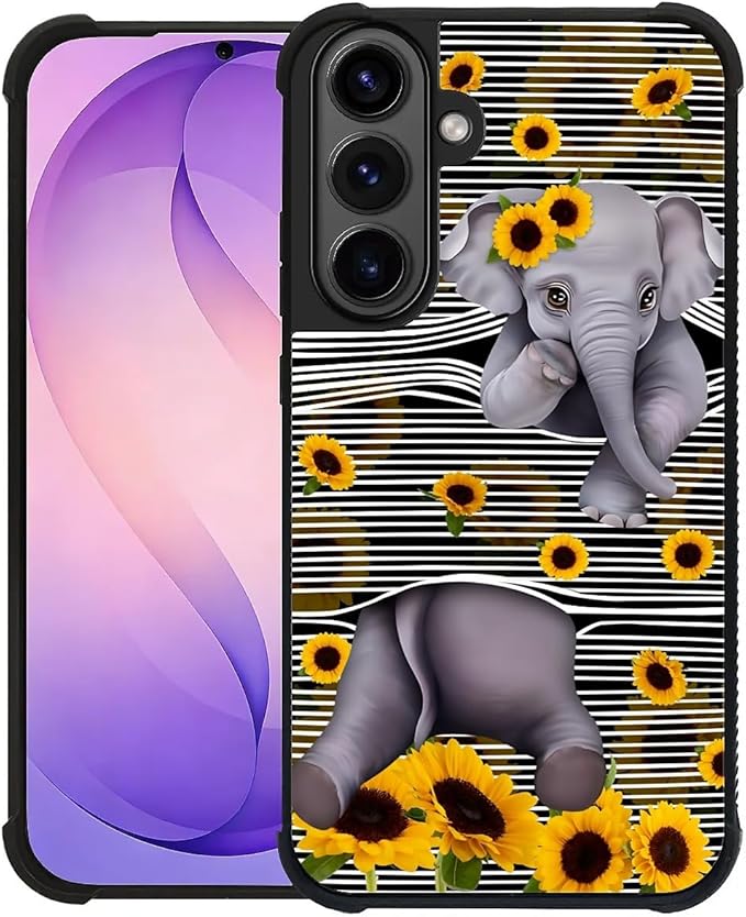 for Samsung Galaxy S26 Case,Graphic Design for Girl Boy Soft Silicone Hard Acrylic Shock Protection Designed for Samsung Galaxy S26 Cute Little Elephant Sunflower White Line Art Pattern