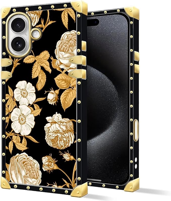 for iPhone 17 Case Luxury Golden Decoration for Girl Women Soft TPU Shockproof Protective Hard PC Back for iPhone 17 Crazy Pattern Blooming Rose Golden Flower