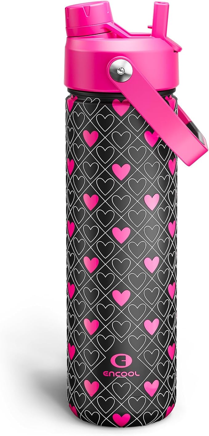 ENCOOL Valentine's Day Insulated Water Bottle with Straw Stainless Steel Water Bottle, Leak-Proof, BPA-Free, Keeps Cold for 24 Hours for Sports, Travel, School (26 oz, Bold Hearts Ember x Black)