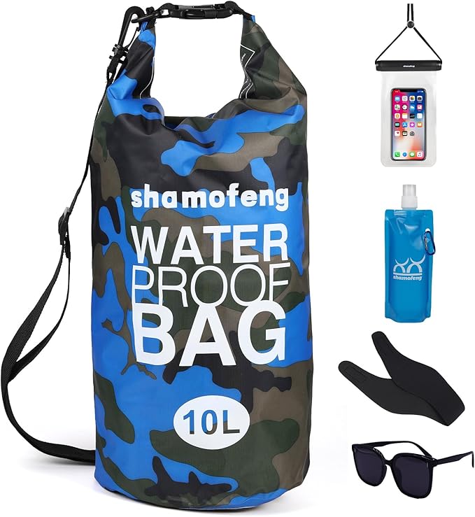 Waterproof Dry Bag 5L/10L/15L/20L/30L Roll Top Dry Storage Backpack with Phone Case, Collapsible Water Bottle, Sunglasses, Ear Band for Kayaking Boating Swimming Fishing Camping,Blue 30L