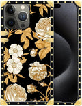Compatible with iPhone 16 Pro Max Case, Blooming Rose Golden Flower Luxury Golden Decoration for Girl Women Soft TPU Shockproof Protective Hard PC Back for iPhone 16 Pro Max